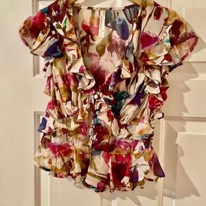 Anthropologie Multi-Color Ruffled Floral V-Neck Blouses